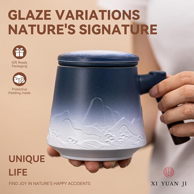 Tea Cup with Infuser and Lid 15oz - Kiln-Transformed Ceramic Mug with Mountain-Ocean Relief, Blue-White Gradient Wood Handle Tea Set, Anniversary Birthday Gift
