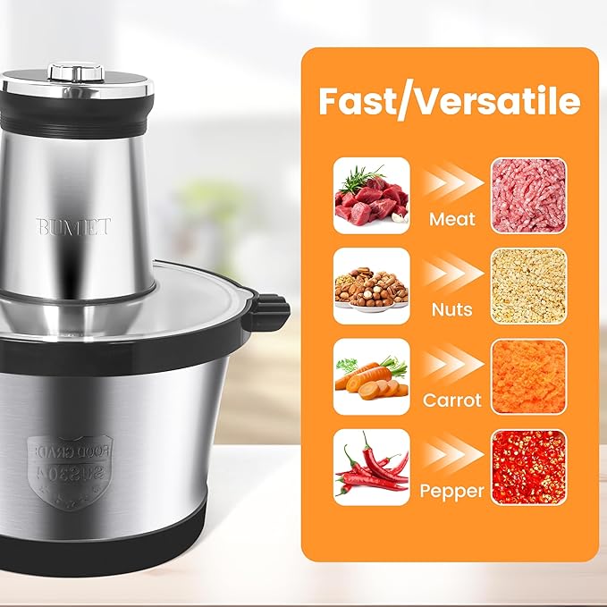 Electric Meat Grinder 850W Food Chopper Food processor with LED timer, with one 16cup stainless steel bowl and 2 sets tri-layers 6 blades cutters