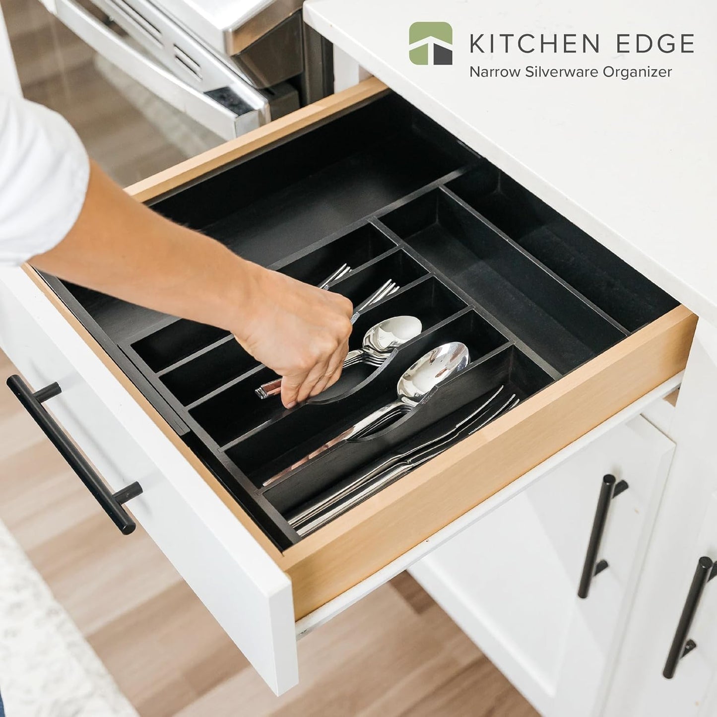 KitchenEdge Premium Silverware, Flatware and Utensil Organizer for Kitchen Drawers, Food-Safe Contract Grade, Expandable from 10.5 to 19 In, Black Bamboo