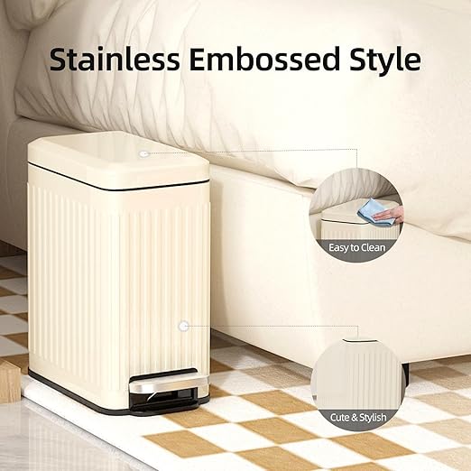 Bathroom Trash can with lid Soft Close, 6 Liter/1.6 Gallon Step Pedal Stainless Steel Garbage Can, Small Wastebasket for Toilet, Office, Bedroom, Kitchen (Beige)