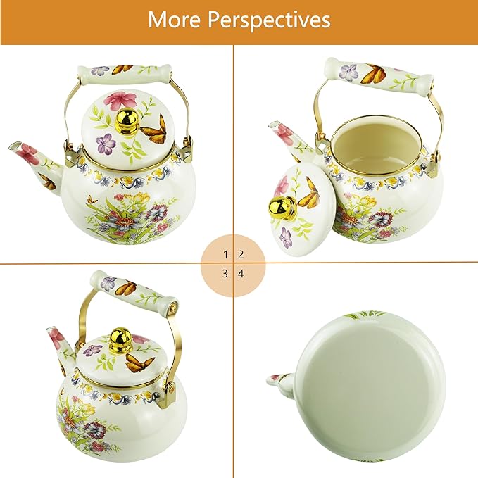 Floral Enamel Tea Kettle Vintage Teapot Colorful Boho Hot Water Bohemian Plant Flowers Print Coffee Kettle Pot 2.5L Porcelain Tea Pot for Stovetop Kitchen Decor