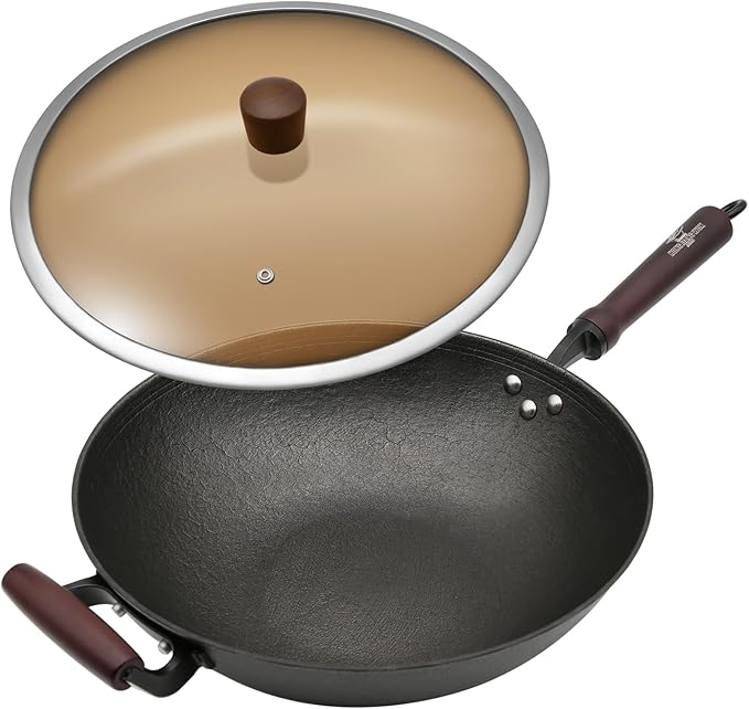 HONGJIANG Cast Iron Wok Pan, 14.2" Pre-Seasoned Flat Bottom Wok,Coating-Free Wok Stir Fry Pan With Glass Lid,Compatible Traditional Chinese Wok For Induction, Electric, Gas,Open Fire