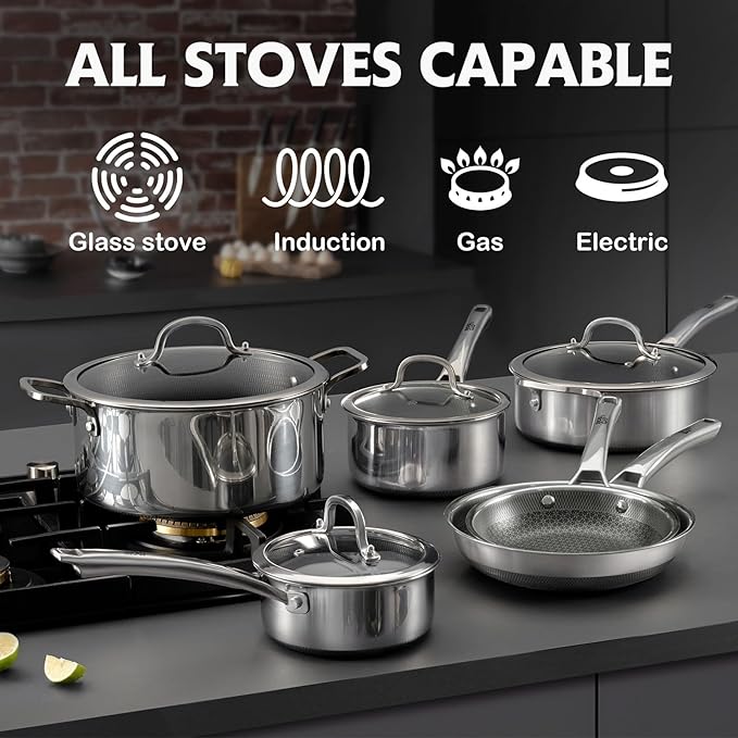 Frying Pans Nonstick Set with Lid,Hybrid Non Stick 5 Quart Saute pan,10 inch Skillet,8 inch Skillet PFOA Free Cookware,Stainless Steel skillet,Deep Saute Pan,Dishwasher Safe,Works on All Cooktops