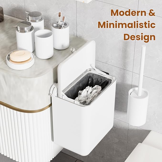 7-Piece White Bathroom Set with Suction Wall Trash Can - Space Saving Organizer Kit with Toilet Brush Holder, Liquid & Foam Soap Dispenser, Toothbrush Holder & Soap Dish for Bathroom Kitchen