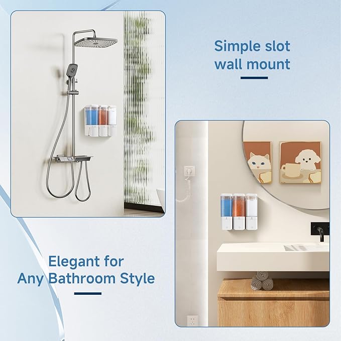 Shampoo and Conditioner Dispenser Wall Mounted, Shower Soap Dispenser No Drill Upadate Easy Slot Install, Shampoo Dispenser for Shower Bathroom Large Capacity 500ml * 3 Chamber Holder White Self