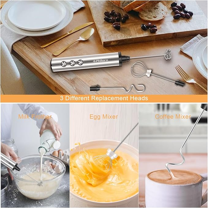 Philorn Milk Frother Rechargeable with Stand, Handheld Frother Wand for Coffee with 3 Heads 3 Speed, Powerful Hand Mixer Electric Whisk for Latte, Cappuccino, Frappe, Matcha, Hot Chocolate, Keto Diet