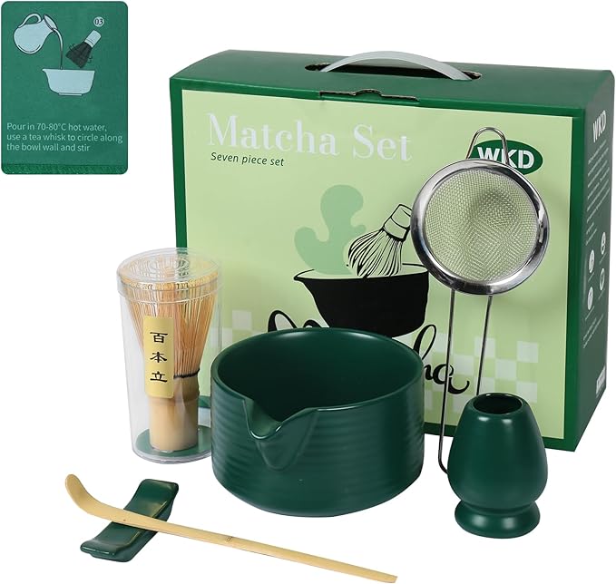 Matcha Sets, Japanese Matcha Kit with Dark Green Bowl, Bamboo Whisk for Matcha Tea, Ceramic Holder, Stainless Sifter & Scoop, Tea Towel, Traditional Matcha Tea Set for Ceremony, 7Pcs