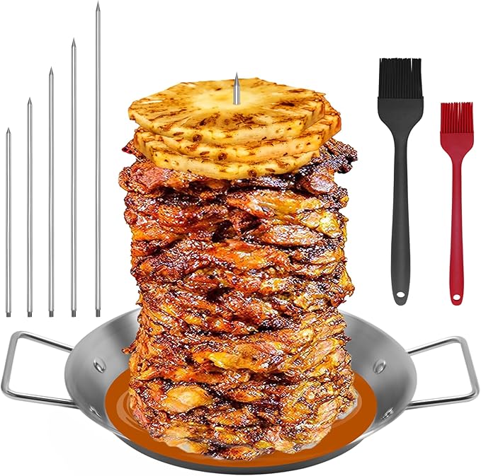 Al Pastor Skewer for Grill, Stainless Steel Vertical Skewer, Brazilian Vertical Spit with 5 Spikes(6"/8”/10"/12”/14")& Brushes, for Tacos Al Pastor, Shawarma Kebabs Smoker Oven BBQ Dishes