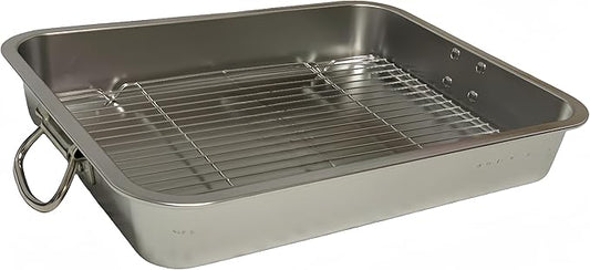 Generic Roasting Pan Stainless steel Roasting pan Turkey Roasting pan with grill Rectangular grill suitable for Turkey, roast chicken and ham (17.5x13.6x2.8in), Silver