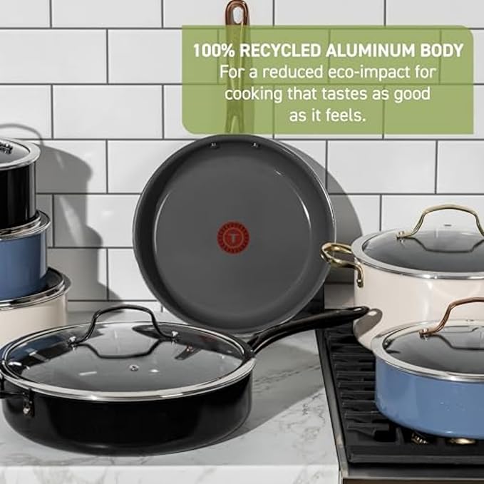 T-Fal Preserve Ceramic Nonstick Saute Pan with Lid 5.5 Qt, Oven and Broiler Safe up to 350°F Cookware, Frying Pan, Stay-Cool Handle, Skillet Pots and Pans, Black