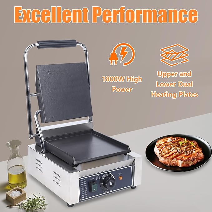 Commercial Panini Press Sandwich Maker Machine 1800W Commercial Electric Griddle Sandwich Press Grill Cheese Sandwich Maker Countertop Panini Grill for Restaurant Cafe
