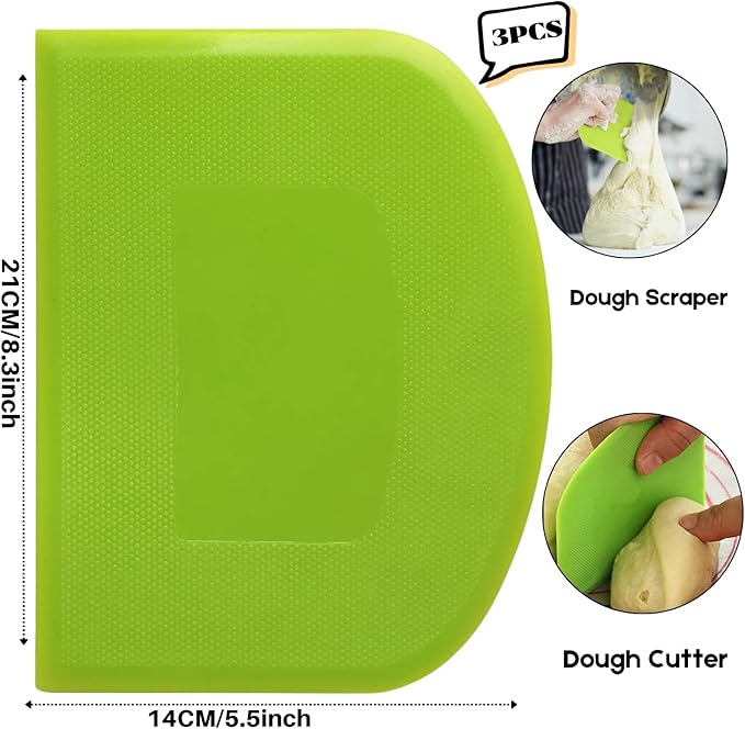 SURDOCA Dough Scraper Bench Scraper - 3P 8.3x5.5" Plastic Flexible Bowl Scraper, Sharp Edge & Angles Cake Scraper. Non-Slip Bakeware Decorating Tools Sculpting & Modeling Tools - Green+Pink+Green