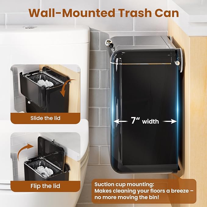 7-Piece Black Bathroom Set with Suction Wall Trash Can - Space Saving Organizer Kit with Toilet Brush, Liquid & Foam Soap Dispenser, Toothbrush Holder, Cup, Soap Dish for Bathroom Kitchen