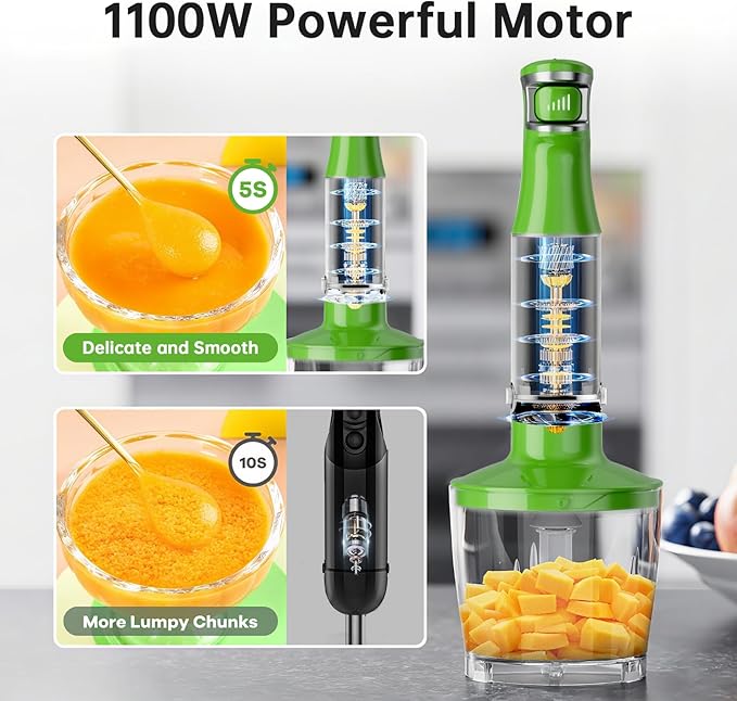 Immersion Blender Handheld Corded Hand Blenders Set 1100W, Trigger Variable Speed 5 in 1 Stick Emulsifier with Chopper, Whisk and Frother for Soup, Baby Food and Smoothies, Apple Green