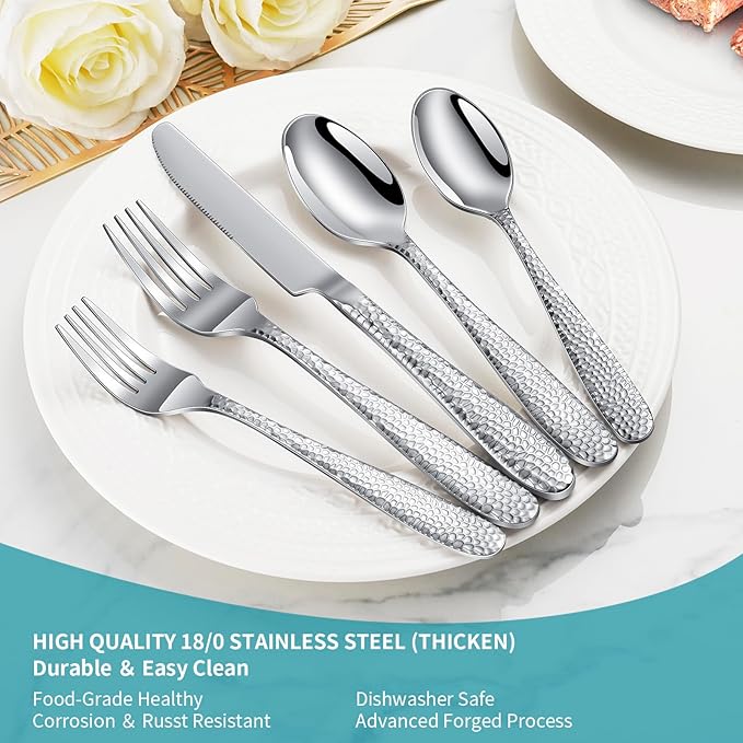 Hammered Silverware Set, 40-Piece Heavy Duty Stainless Steel Flatware Sets for 8, Food-Grade Cutlery Set for Home Restaurant, Mirror Polished, Dishwasher Safe