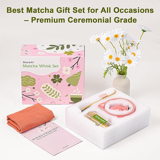 Matcha Whisk Set, 7Pcs Matcha Set - 18oz Matcha Bowl with Spout, Bamboo Matcha whisk & Ceramic Holder, Sifter/Scoop/Stand/Towel, Matcha Kit for Tea Lovers, Ideal Gift Set (Pink)