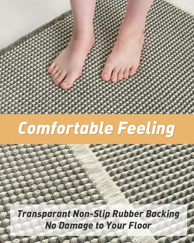 AMOAMI Upgraded Waffle Runner Rug Super Absorbent Non Slip Bath Mats for Bathroom Machine Washable Bathroom Runner Rug with Tassels, Ideal for Hallway Bedroom Laundry Room, 17" x 72‘’, Green & Cream