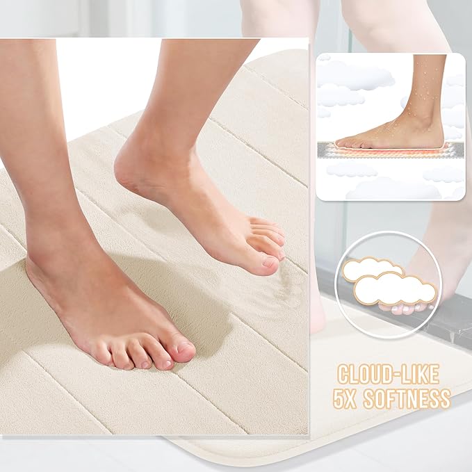Yimobra Memory Foam Bath Mat, Super Soft Absorbent Bathroom Rug Non Slip 24x17 Inch, Quick Dry, Machine Washable Floor Carpet for Tub Shower, Home Decor Accessories, Cream