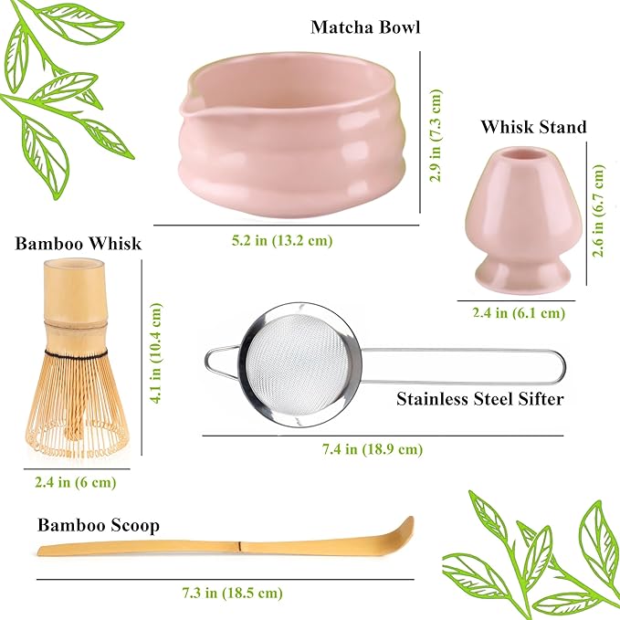 Matcha Whisk Set- Matcha Set includes Matcha Whisk and Bowl with Spout, Sifter, Holder and Scoop- The Perfect Bamboo Whisk for Matcha Tea (Pink)