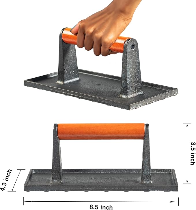 vivicreate Bacon Press, Griddle Press, Grill Press, Meat Press, cast Iron Grill Press, cast Iron Griddle, Iron Press, cast Iron Material with Wooden Handle