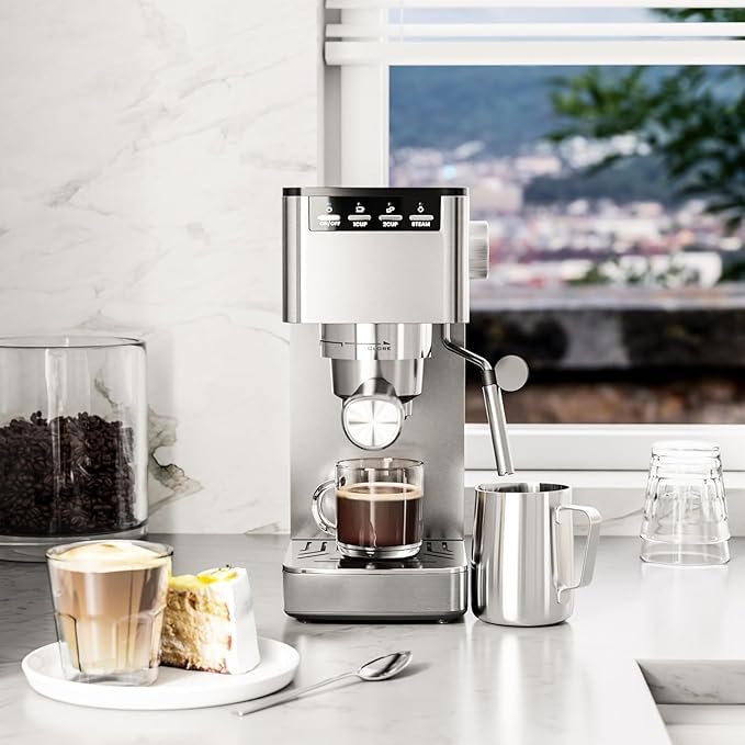 Kismile Espresso Machine 20 Bar, Espresso Maker with Milk Frother Steam Wand, Compact Cappuccino & Latte Machine with 40oz Removable Water Tank for Home, Stainless Steel