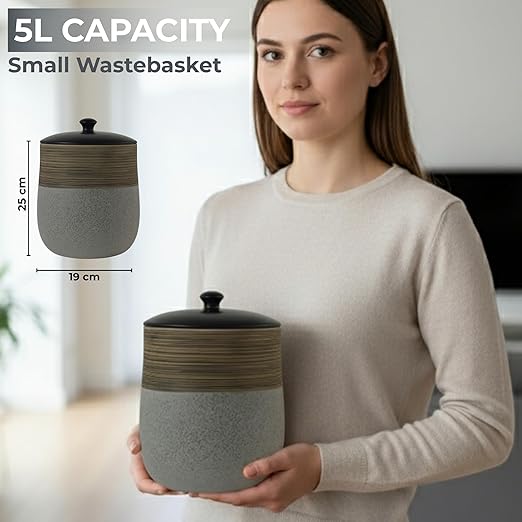 Escenzy Vintage Grey Bathroom Trash Can with Lid 5L | 7" x 10" | Decorative Small Garbage Can | Ceramic Waste Basket for Bathroom, Bedroom, Kitchen, Hotels or Living Room Decor | Modern Restroom Decor
