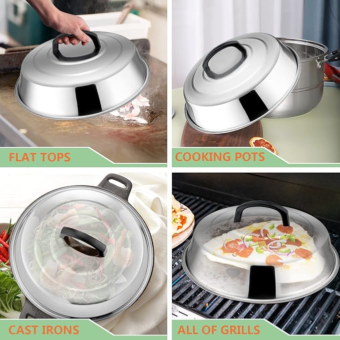 HaSteeL 12In Cheese Melting Dome & 5.5In Bacon Press, Stainless Steel Round Basting Cover, Smash Metal Burger Griddle Grill Press Weight for Teppanyaki Flat Top Iron Skillet Cooking, Dishwasher Safe