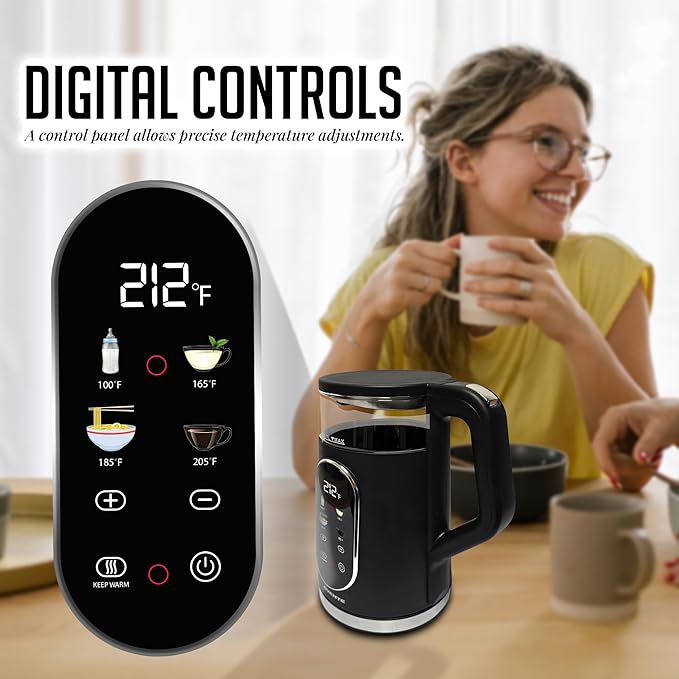 OVENTE Electric Kettle 1500W Fast Boiling Water Heater with 1.7L Double Wall Insulated Borosilicate Glass Interior, Digital Touchscreen, Keep Warm, Auto-Shut Off and Boil-Dry Protection, Black KD96B