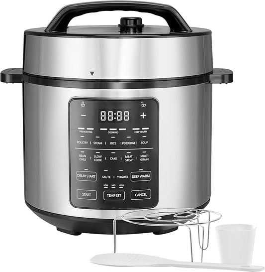 Simple Deluxe Electric Pressure Cooker, Non-Stick 12-in-1 & 6QT Stainless Steel Multi Cooker for Slow Cook, Meat Stew, Cake, Porridge, Multigrain, Dishwasher Safe, Silver
