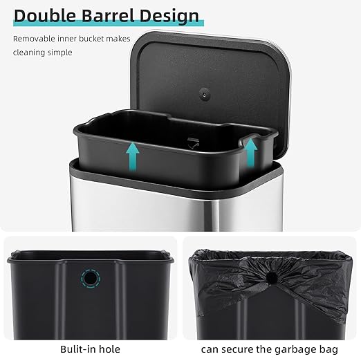 8 gal Kitchen Trash Can, 30 L Stainless Steel Garbage Can with Soft-Close Lid, Rectangular Waste Bin with Inner Bucket for Home Office Living Room