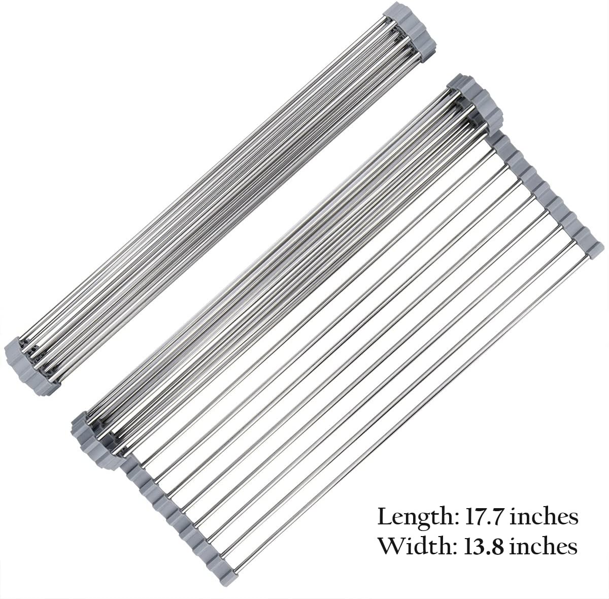 Roll-Up Sink Drying Rack 17.7"(L) x 13.8"(W) - Multipurpose Heat Resistant Over The Stainless Steel & Silicone Dish Rollable Kitchen Drainer, Gray