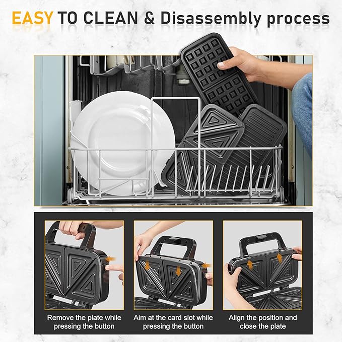 Waffle Makers, 3-in-1 Waffle Iron Panini Press Sandwich Maker with Removable Plates, 5-gears Temperature Control Non Stick Coating Cool Touch Handle Anti-skid Feet for Breakfast 1200W 120V