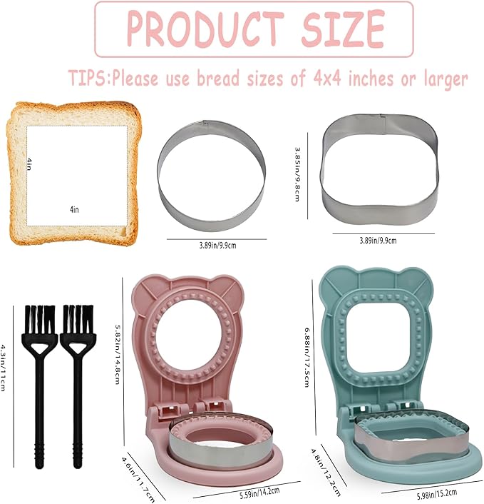 2Pcs Sandwich Cutter and Sealer,Round&Square Uncrustable Sandwich Maker with Seal Edge,Crustless Sandwich Cutter with Brush,Sandwich Sealer for DIY Breakfast Lunch Picnic(Blue S+Pink R)