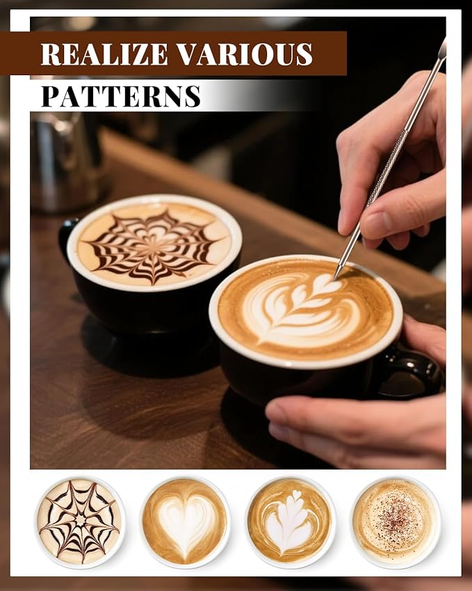 Milk Frothing Pitcher 350ml/12oz Steaming Pitchers Stainless Steel Milk Cappuccino Coffee with Decorating Art Pen, Powder Shaker, 16 Pieces Coffee Decorating Stencils