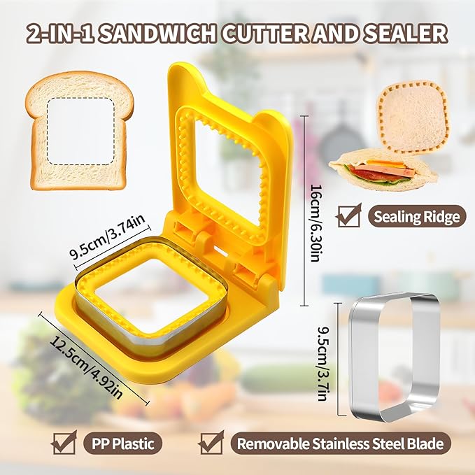 Uncrustable Sandwich Maker Sandwich Cutter and Sealer 2-in-1, Square Crustless Sandwich Maker for Lunch, Picnic, School, Fast Healthy Snacks (Yellow)