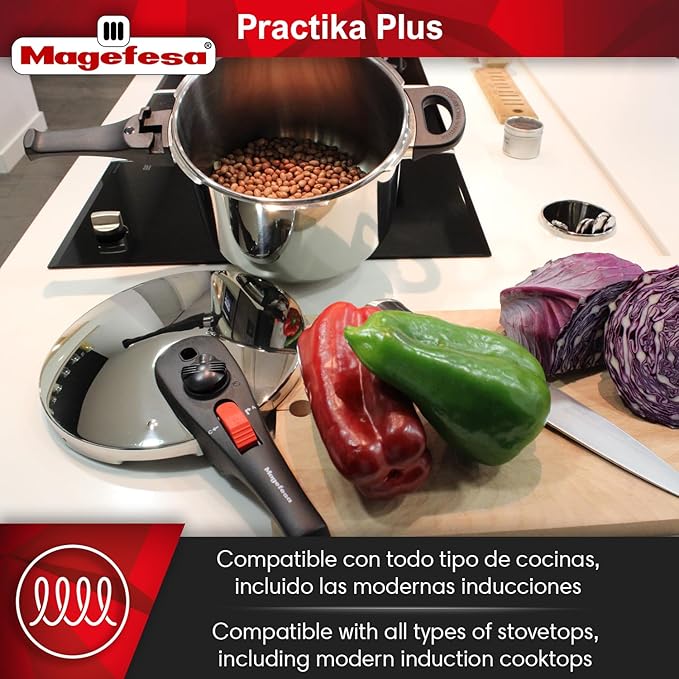 Magefesa Practika Plus Stainless Steel Pressure Cooker Set, 4.2 & 6.3 Quart, Works on All Stovetops, Induction-Compatible, Encapsulated Diffuser Bottom, 5 Safety Systems