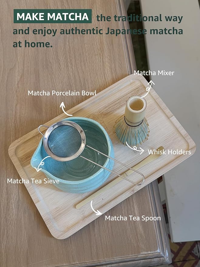 Sisher Matcha Whisk set,Matcha Bowl with Spout，Cute Matcha Set(5pcs) Matcha Bowl, Bamboo Whisk, Matcha Scoop, Matcha Whisk Holder (Chasen Holder), Stainless Steel Sifter, Matcha Making Kit(Green)