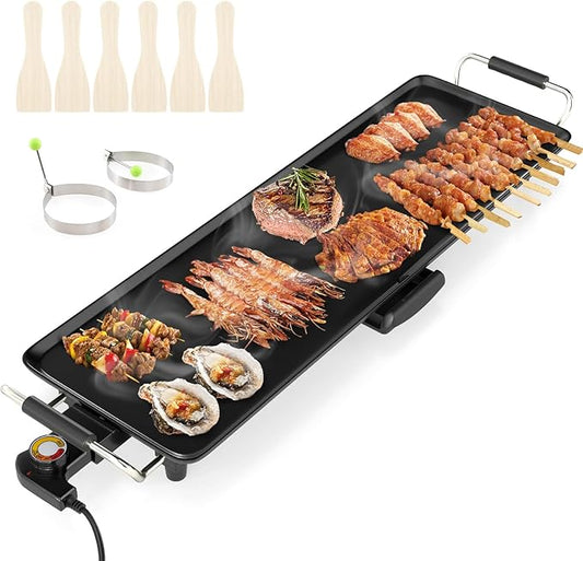 27” Large Electric Griddle, Teppanyaki Grill w/Nonstick Surface, 4 Adjustable Temperature, Insulated Handles & Drip Tray, Indoor & Outdoor Tabletop Griddle for Party, Camping (27“)