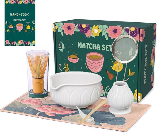 Matcha Whisk Set - 7pcs Japanese Tea Ceremony Kit with Spouted Bowl & Bamboo Whisk, Matcha Starter Kit for Beginners - Authentic Green Tea Accessories, Gift Set for Lovers-White