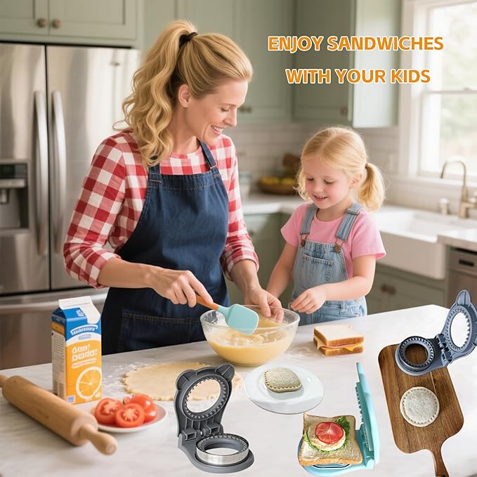 Sandwich Cutter and Sealer - 3.7" Circle & Square Pocket Sandwich Maker, Intuitive & Easy-to-Use for Boys &Girls, Perfect for Breakfast & Lunchboxes (Gray, Round)