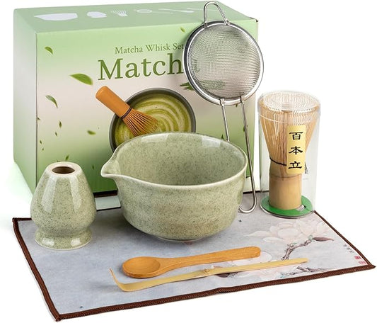 Matcha Whisk Set - Ceramic Matcha Set Includes Matcha Bowl, Whisk and Holder, Bamboo Scoop, Scoop Rest, Sifter and Tea Towel - 7 Pcs Ceremonial Gift Kit for Matcha Lovers (Pure Green)