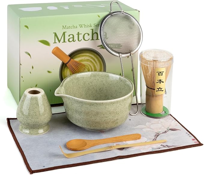 Matcha Set Whisk and Bowl with Spout and Measuring Spoon, Japanese Ceremony Matcha Tea Making Tools (Green)