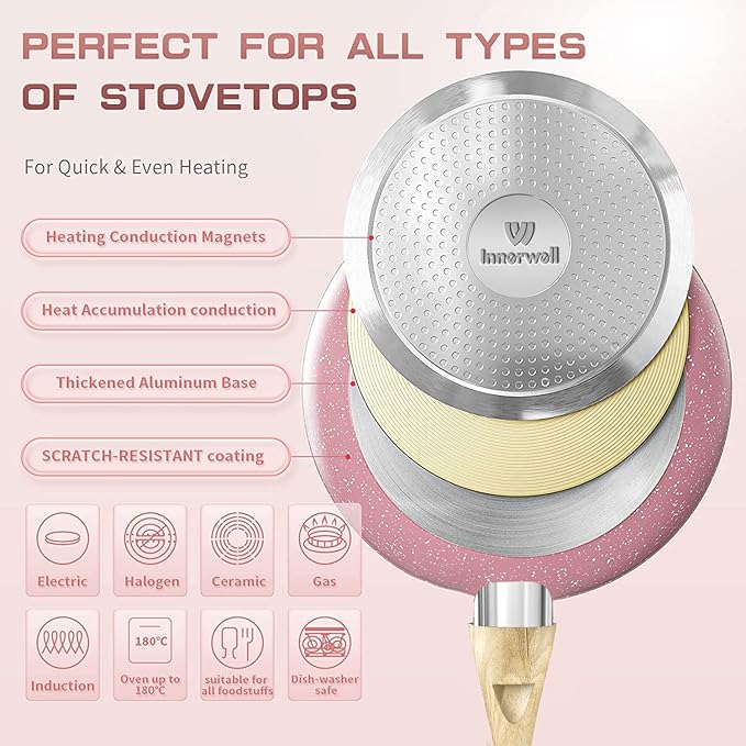 Frying Pan Nonstick, 9.5 Inch Pink Egg Pan, Non Stick Fry Pan 100% PTFE PFOA-Free Omelet Skillet Pan, Toxin-Free Skillets Stone Cookware, Anti-Warp Base with All Stove Tops, Induction Compatible