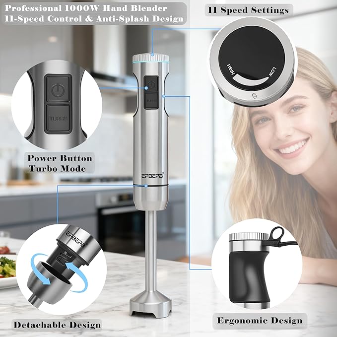 Hand Blender 11-Speed, 1000W Immersion Blender with Anti-Splash Design, Stainless Steel Blade for Blending Soup, Smoothies, Baby Food, Mayonnaise