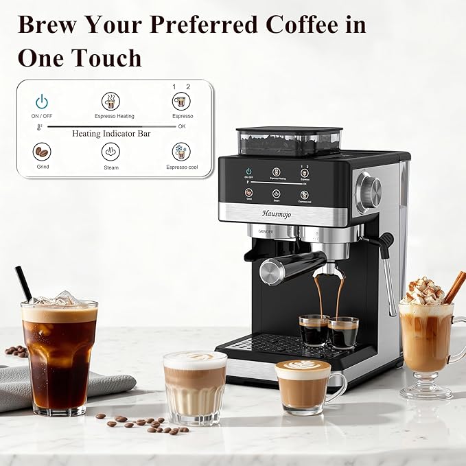 Espresso Machine with Grinder, 20Bar Expresso Coffee Machines with Milk Frother, Professional Compact Stainless Steel Coffee Maker for Espresso, Latte & Cappuccino, Perfect for Home Use