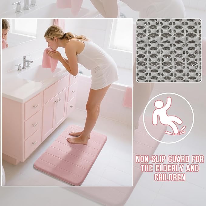 Yimobra Pink Bath Mat 24x17 Inch, Super Soft Absorbent Memory Foam Bathroom Rug Non Slip, Quick Dry, Machine Washable Floor Carpet for Tub Shower, Home Decor Accessories