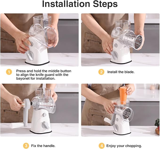 Rotary Cheese Grater, Kitchen Mandoline Vegetable Cheese Shredder with 3 Interchangeable Blades, Easy to Clean Rotary Grater Slicer with Handle,Kitchen Grater Grinder for Cutting Cheese,Vegetable,Nuts