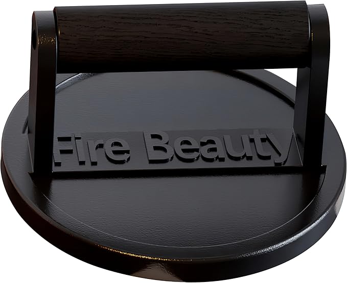 Fire Beauty Burger Press,Cast Iron 6.5" Grill Press with Wood Handle,Food-Grade Smash Burger Press for Seared Bacon,Steak&Burger,Pre-Seasoned