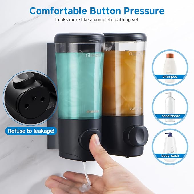 Shampoo and Conditioner Dispenser,Shower Dispenser 2 Chamber No Drill Shampoo Dispenser for Shower Wall Mounted Shower Shampoo Body Wash for Bathroom,Hotel,2 * 450ML,Black