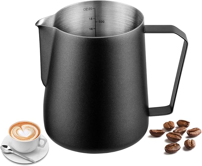 Milk Frothing Pitcher, Stainless Steel Milk Frother Cup,20 OZ/600ML Black Milk Frother Pitcher Barista Tools, Espresso Machine, Milk Frother